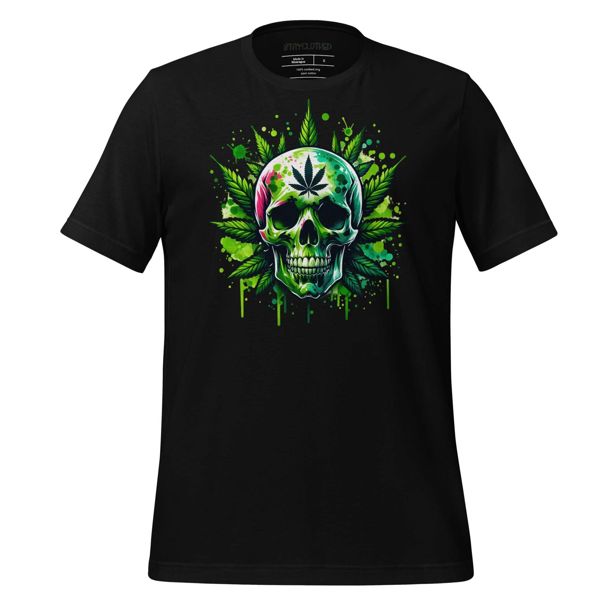 Black tshirt with colorful cannabis skull and leaf design