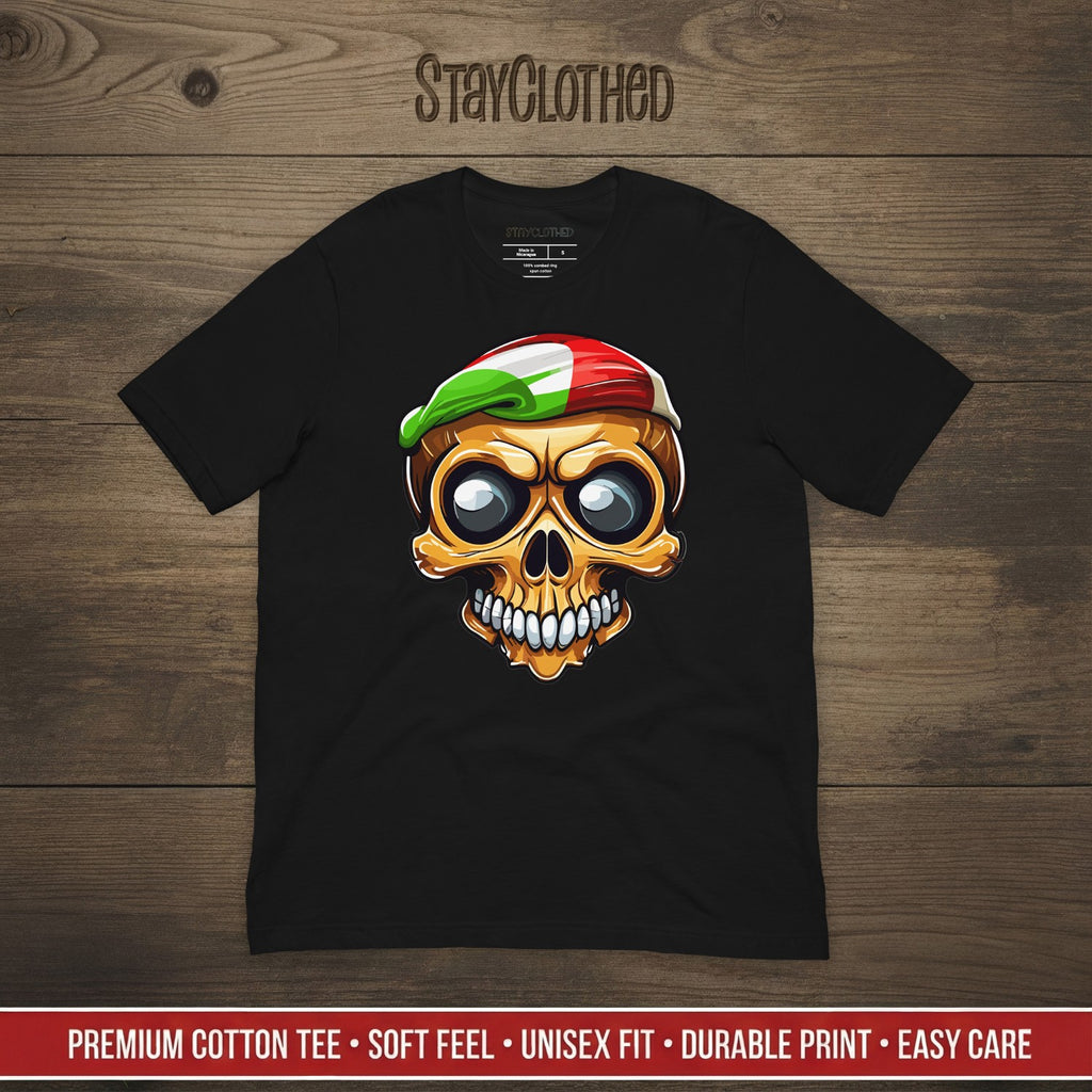 Black t-shirt with a colorful skull design on a wooden surface, featuring the brand 'StayClothed'.