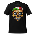Black t-shirt with a colorful skull design on a wooden surface, featuring the brand 'StayClothed'.