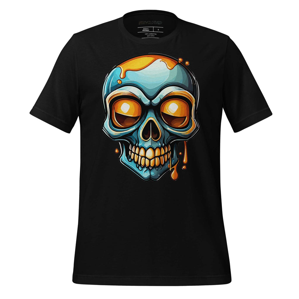 Black t-shirt with a colorful skull design on a wooden surface, featuring the brand 'StayClothed'.