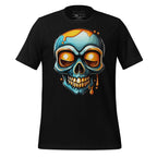 Black t-shirt with a colorful skull design on a wooden surface, featuring the brand 'StayClothed'.