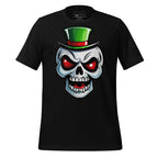 Black t-shirt with a St. Patrick's Day skull design wearing a green top hat on a wooden surface, featuring the brand 'StayClothed'.