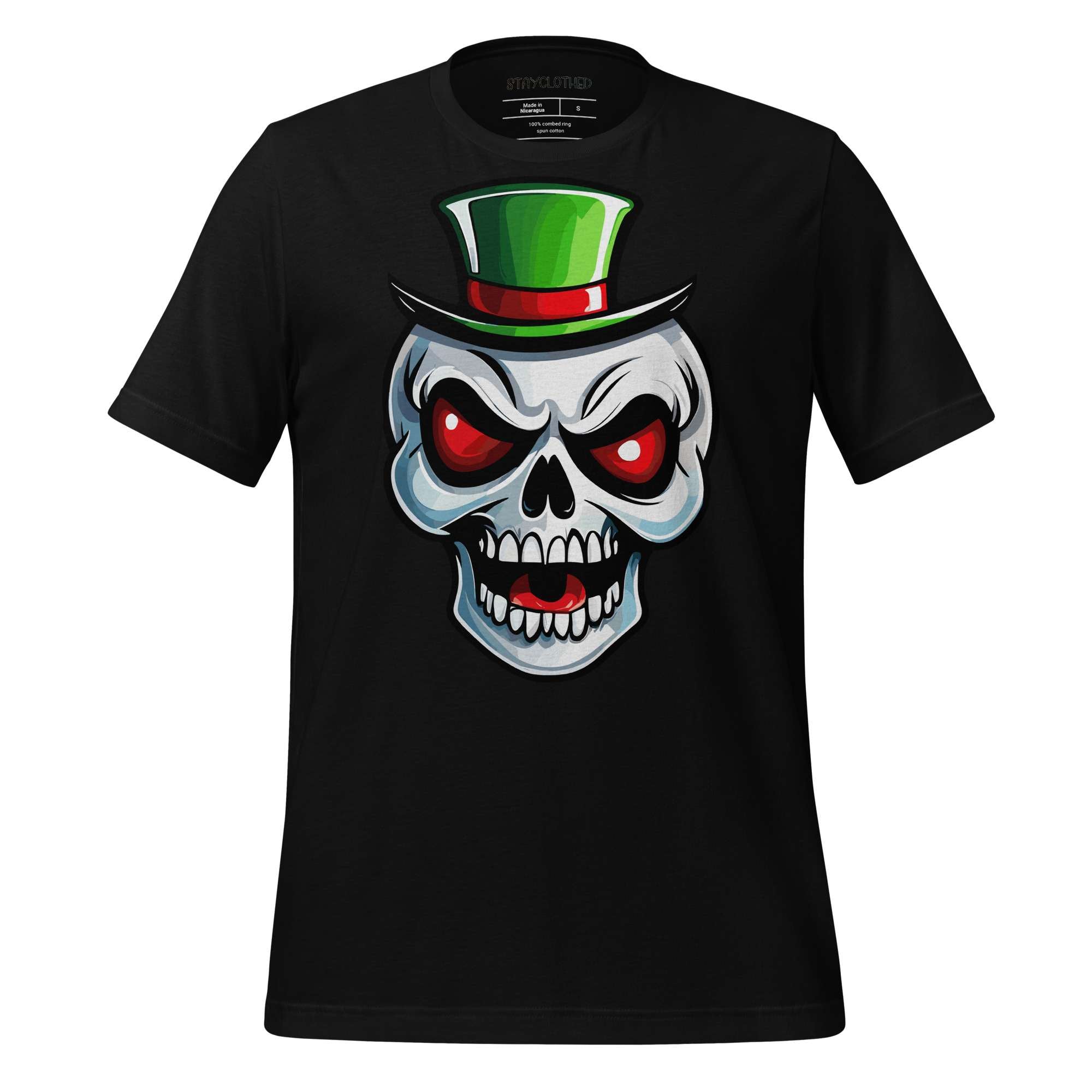 Black t-shirt with a St. Patrick's Day skull design wearing a green top hat on a wooden surface, featuring the brand 'StayClothed'.