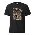 Front view of a black T-shirt featuring a skull used as a cereal bowl, colourful cereal, a milk carton, and “CEREAL KILLER” text.