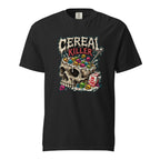 Front view of a black T-shirt featuring a skull used as a cereal bowl, colourful cereal, a milk carton, and “CEREAL KILLER” text.