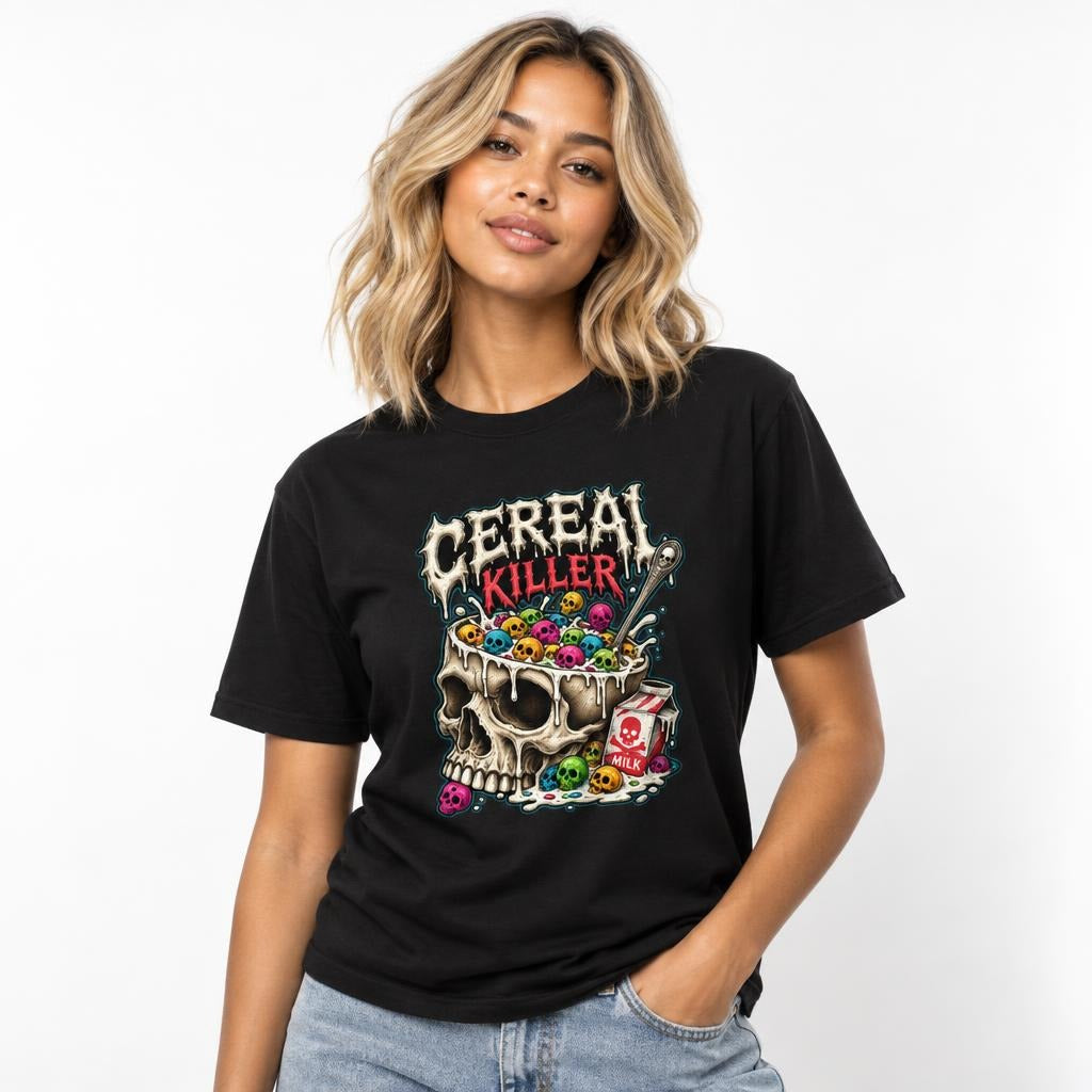 Model wearing a black T-shirt with a skull cereal bowl, colourful cereal, milk carton, spoon, and CEREAL KILLER lettering.