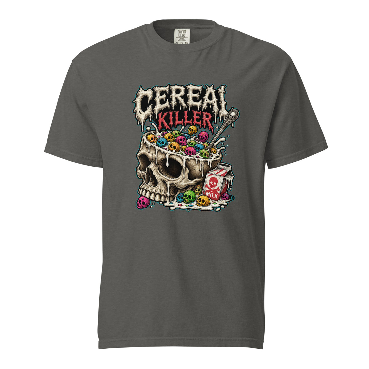 Front view of a Pepper T-shirt featuring a skull used as a cereal bowl, colourful cereal, a spoon, and a milk carton marked MILK.