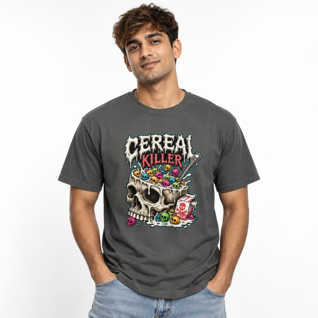 Front view of a Pepper T-shirt featuring a skull cereal bowl with colourful cereal, spoon, milk carton, and “CEREAL KILLER” text.