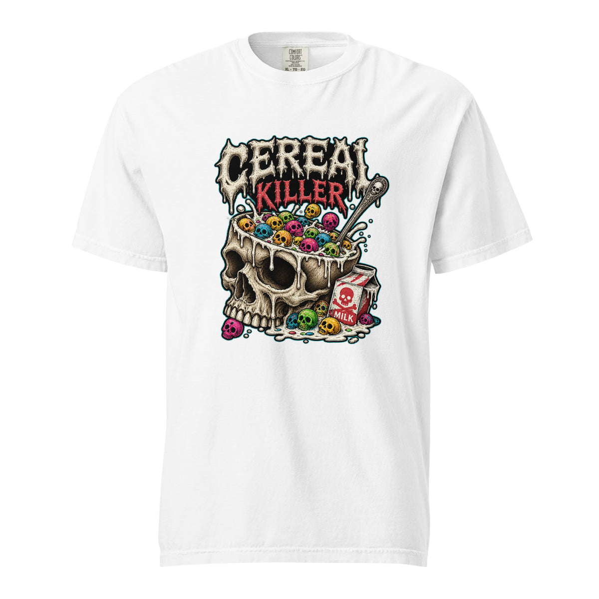 Front view of a white T-shirt with a skull used as a cereal bowl, colourful cereal, a milk carton, and “CEREAL KILLER” lettering.