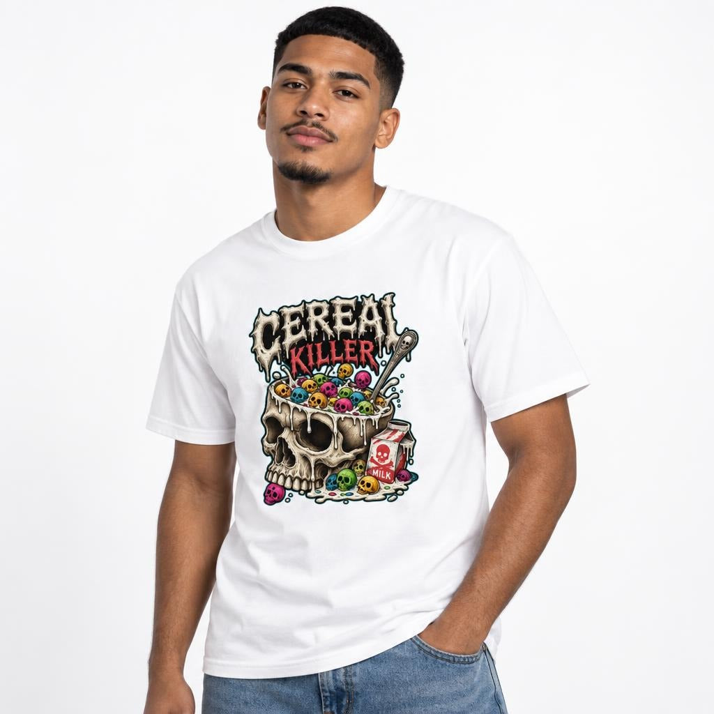 Model wearing a white T-shirt with a skull cereal bowl, colourful cereal, milk carton, and CEREAL KILLER graphic.