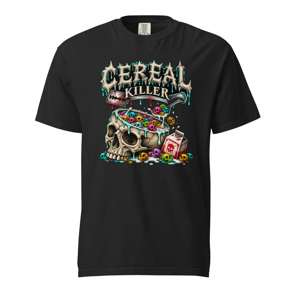 Black T-Shirt with “CEREAL KILLER” lettering above a skull-shaped bowl of colourful cereal, a spoon and a skull-marked milk carton.