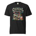 Black T-Shirt with “CEREAL KILLER” lettering above a skull-shaped bowl of colourful cereal, a spoon and a skull-marked milk carton.