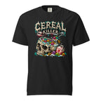 Black T-Shirt with “CEREAL KILLER” lettering above a skull-shaped bowl of colourful cereal, a spoon and a skull-marked milk carton.