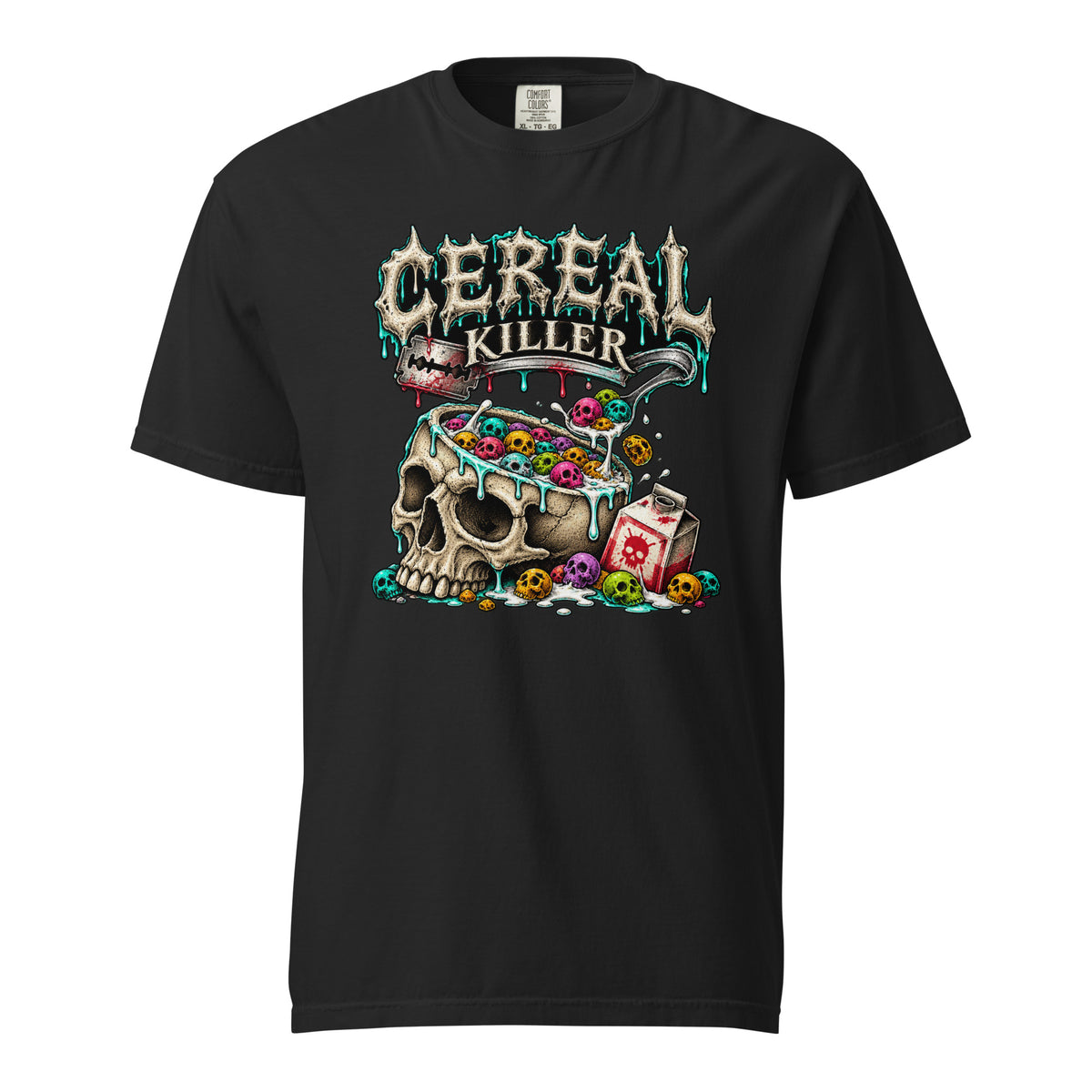 Black T-Shirt with “CEREAL KILLER” lettering above a skull-shaped bowl of colourful cereal, a spoon and a skull-marked milk carton.