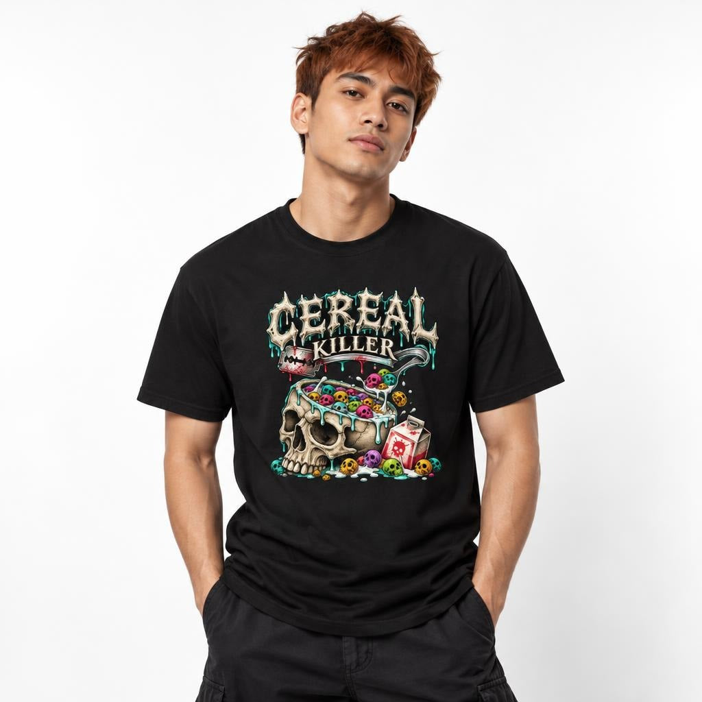 Model wearing a Black T-Shirt with “CEREAL KILLER” lettering above a skull-shaped cereal bowl and skull-marked milk carton.