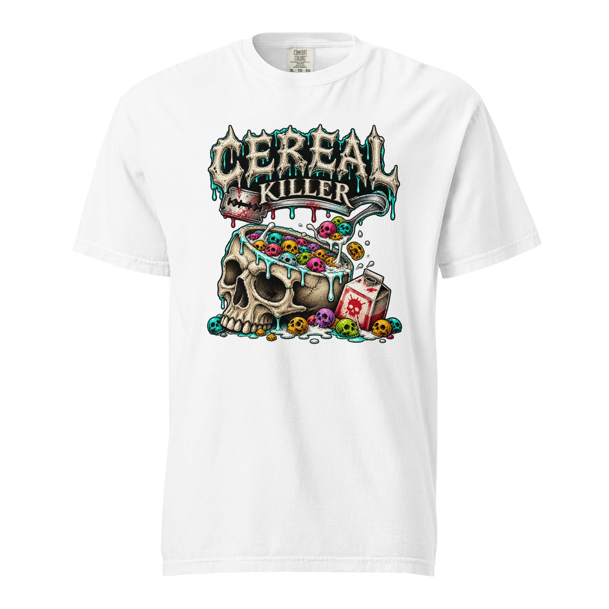 White T-Shirt with “CEREAL KILLER” lettering above a skull-shaped bowl of colourful cereal and a skull-marked milk carton.