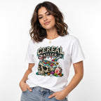 Model wearing a White T-Shirt with “CEREAL KILLER” lettering above a skull-shaped cereal bowl and skull-marked milk carton.