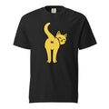 Black T-Shirt featuring a yellow cartoon cat looking backwards with a smiling face, raised tail and “Hi” on its rear.