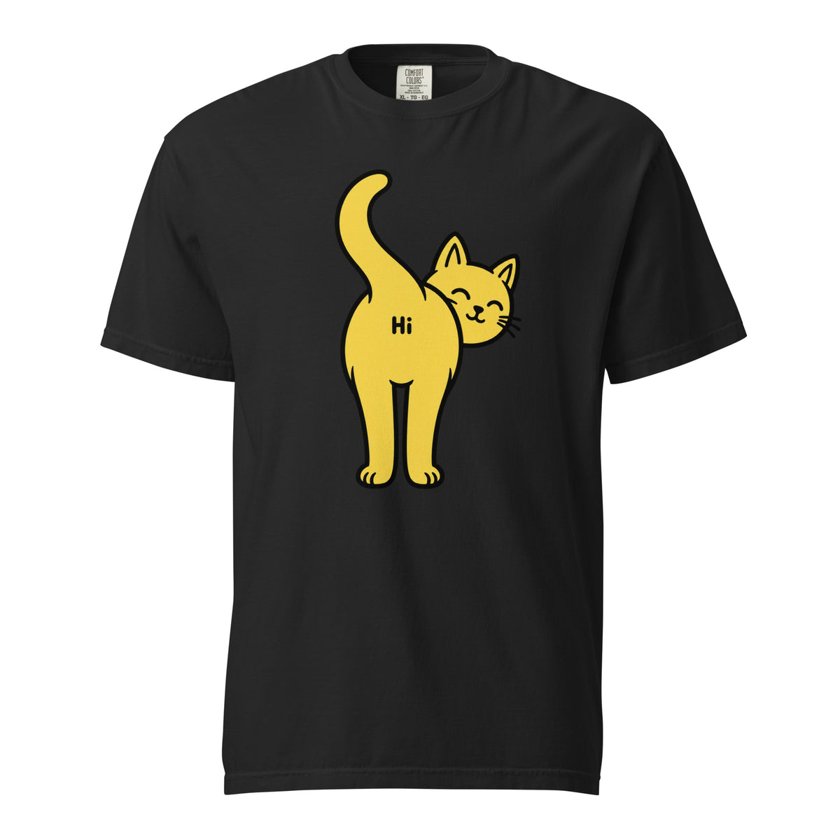 Black T-Shirt featuring a yellow cartoon cat looking backwards with a smiling face, raised tail and “Hi” on its rear.
