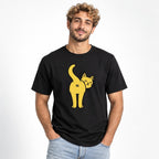 Model wearing a Black T-Shirt featuring a yellow cartoon cat looking backwards, with a raised tail and “Hi” on its rear.