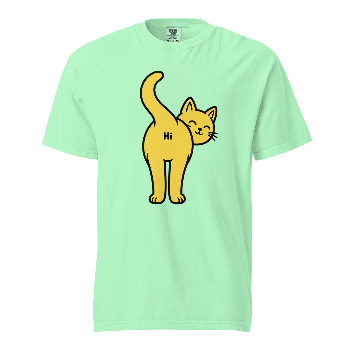 Island Reef T-shirt with a yellow cartoon cat looking back, smiling with its tail raised and “Hi” on its rear.