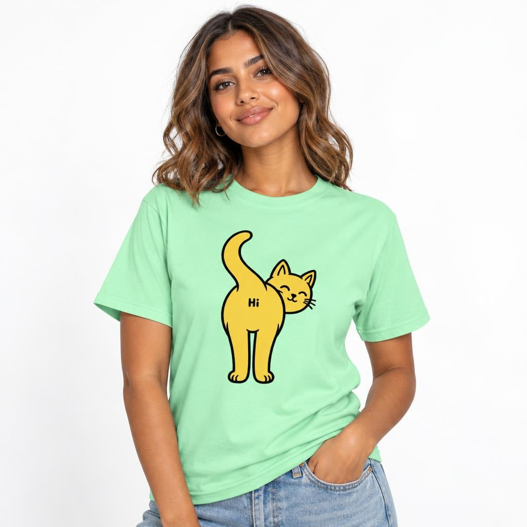 Model wearing an Island Reef T-Shirt featuring a yellow cartoon cat looking backwards, with a raised tail and “Hi” on its rear.