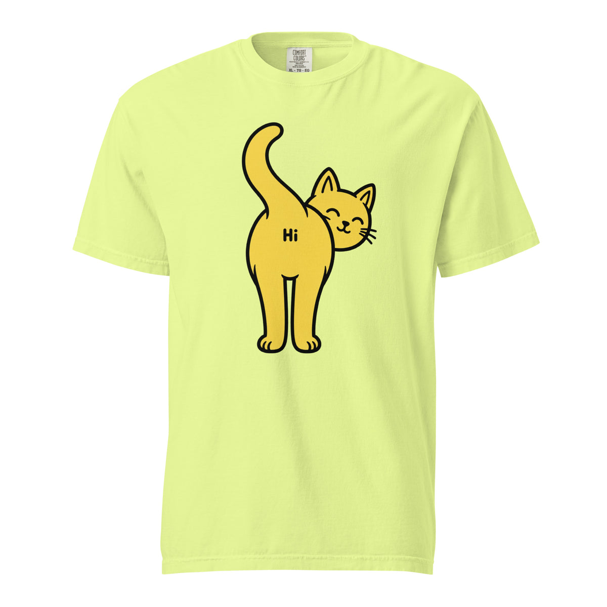 Neon Lemon T-shirt featuring a yellow cartoon cat looking backwards with a smiling face, raised tail and “Hi” on its rear.