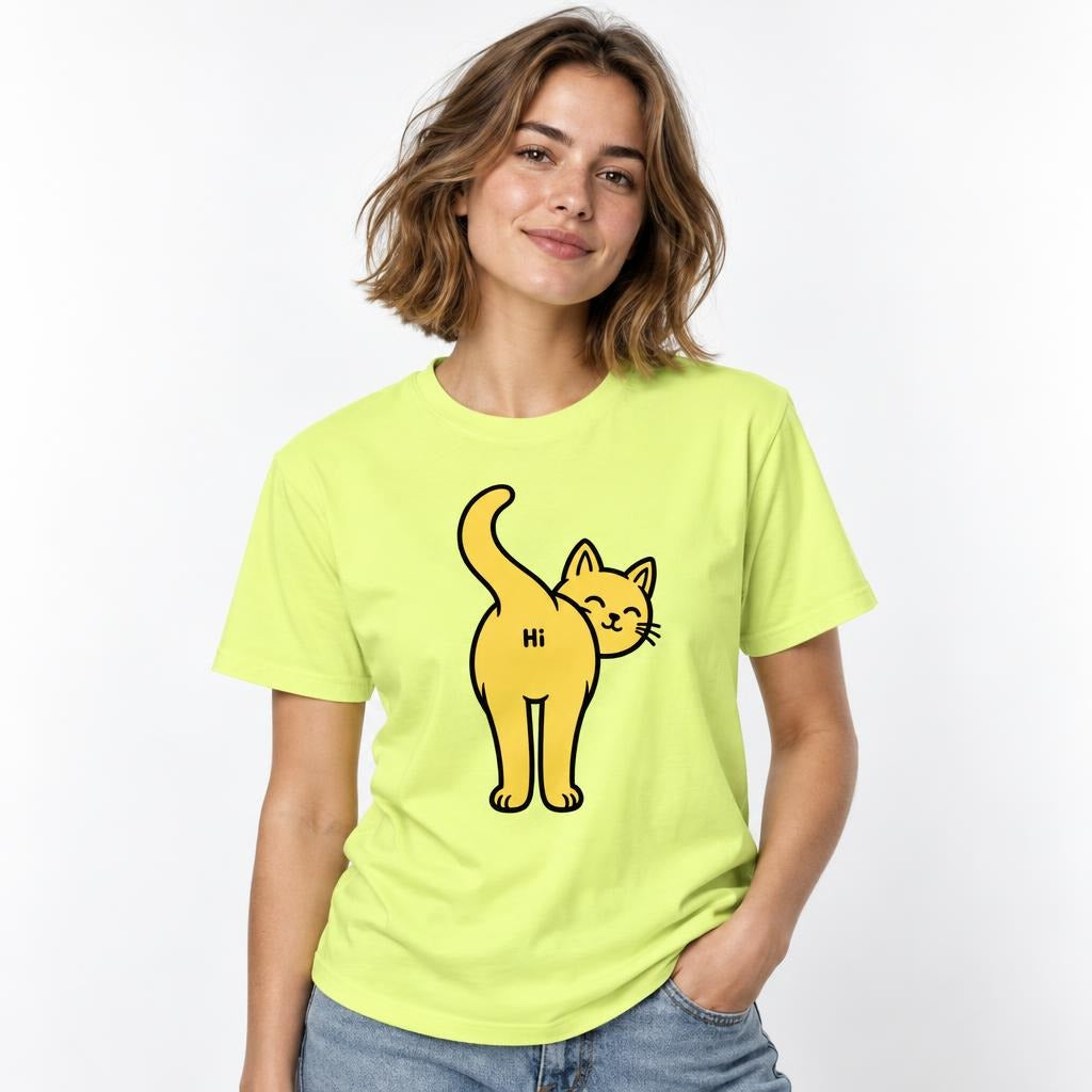 Model wearing a Neon Lemon T-Shirt featuring a yellow cartoon cat looking back, with a raised tail and “Hi” on its rear.