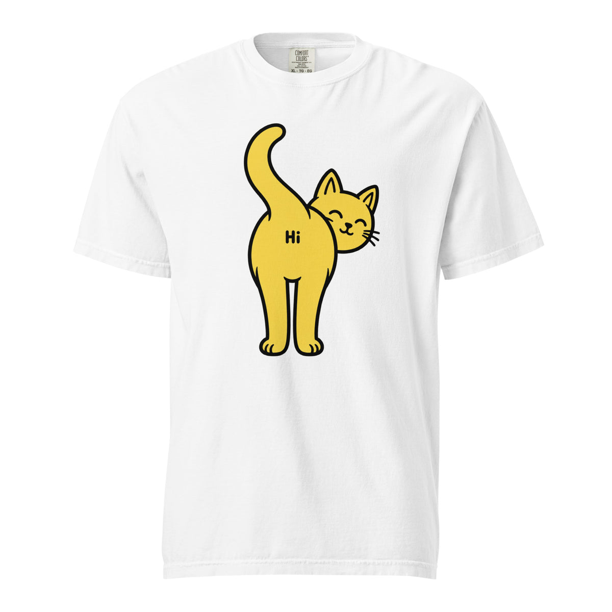 White T-Shirt with a yellow cartoon cat looking backwards, smiling with its tail raised and “Hi” on its rear.