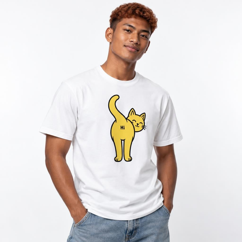 Model wearing a White T-Shirt with a yellow cartoon cat looking backwards, tail raised, and “Hi” on its rear.