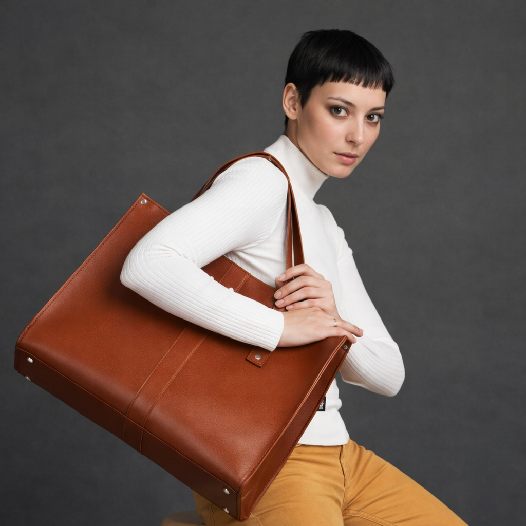 Zatchels Chestnut leather shopper bag model view