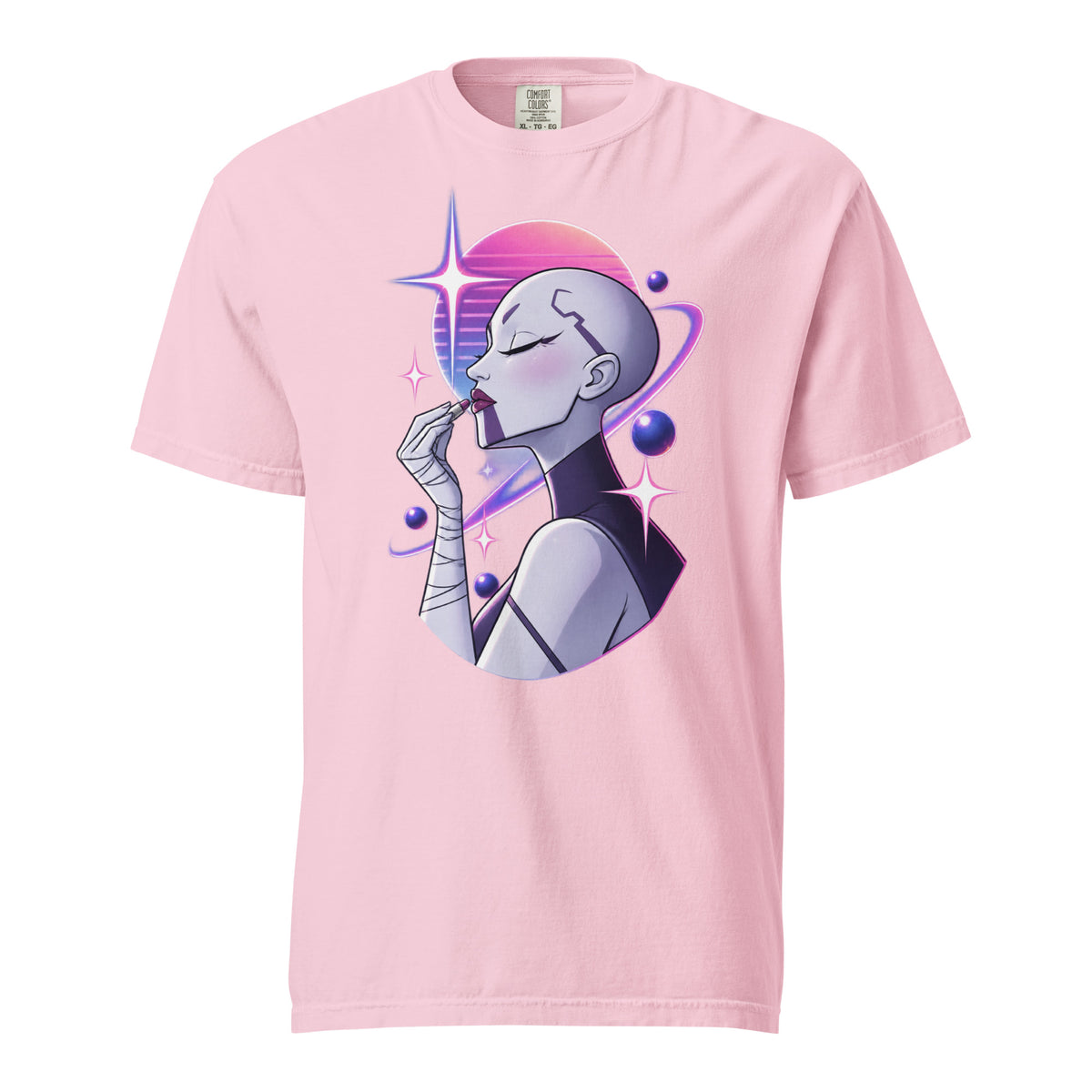 Front view of a Blossom T-shirt featuring a stylised futuristic woman applying lipstick among pink and purple planets and stars.