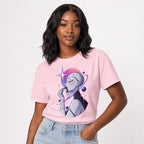 Front view of a Blossom pink T-shirt featuring a stylised futuristic woman applying lipstick among pink and purple planets, rings and stars.