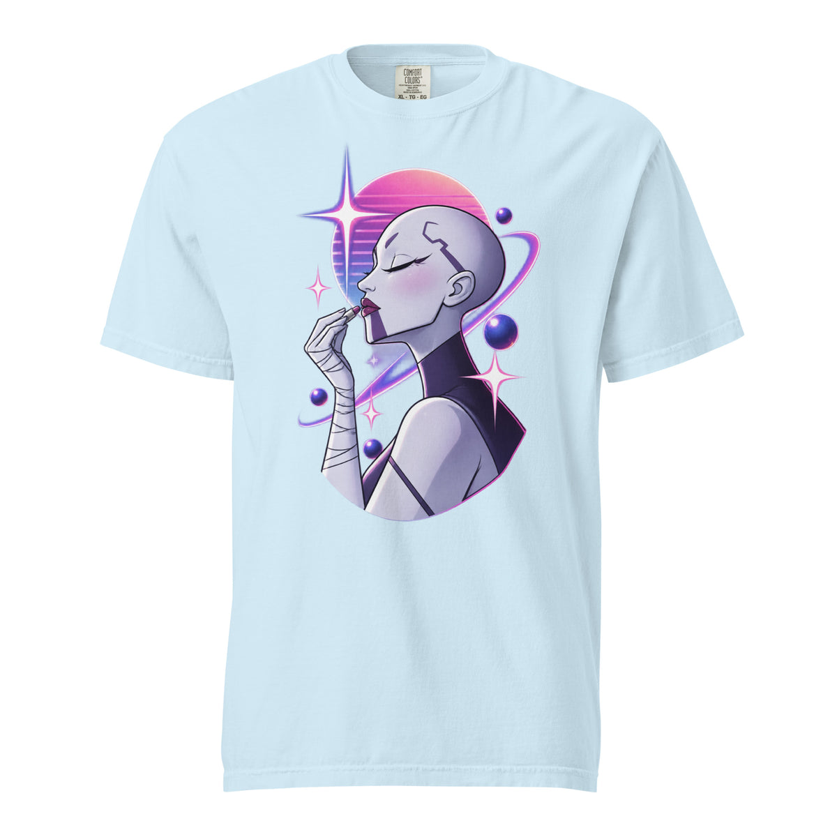 Front view of a chambray T-shirt featuring a futuristic woman applying lipstick among pink and purple planets and stars.