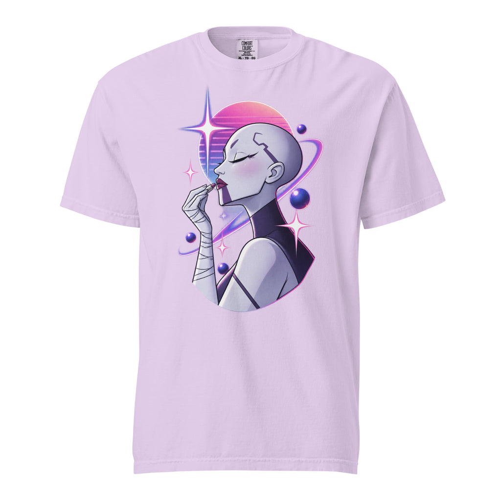 Front view of an Orchid T-shirt featuring a futuristic woman applying lipstick among pink and purple planets, rings, and stars.