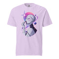 Front view of an Orchid T-shirt featuring a futuristic woman applying lipstick among pink and purple planets, rings, and stars.