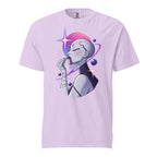Front view of an Orchid T-shirt featuring a futuristic woman applying lipstick among pink and purple planets, rings, and stars.