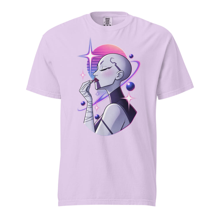 Front view of an Orchid T-shirt featuring a futuristic woman applying lipstick among pink and purple planets, rings, and stars.