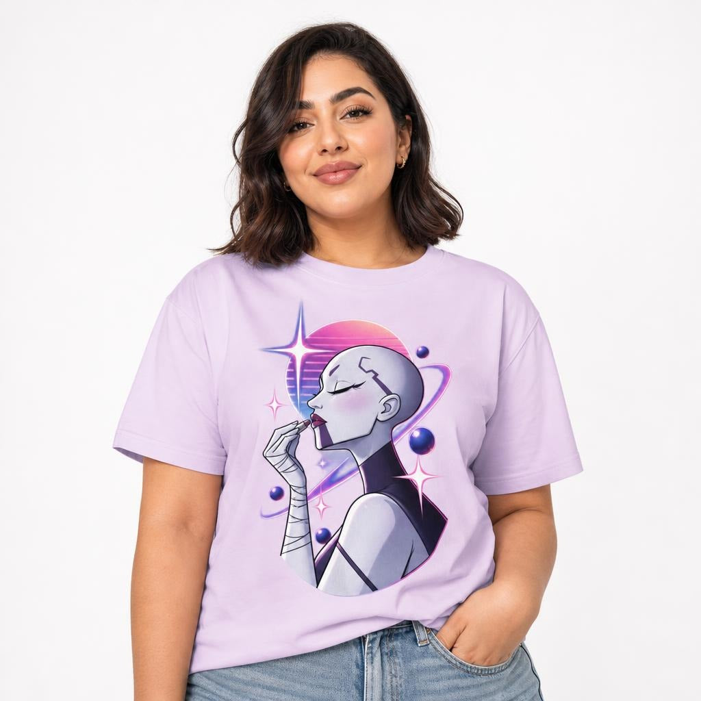 Model wearing an Orchid T-shirt featuring a stylised woman applying lipstick among pink and purple planets and stars.