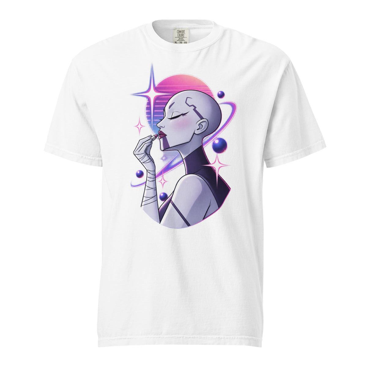White T-shirt featuring a stylised futuristic woman applying lipstick, surrounded by pink and purple planets, orbital rings and sparkling stars.
