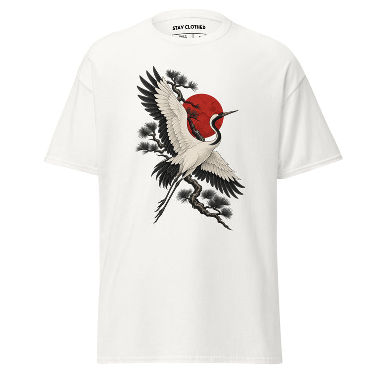 White T-shirt featuring a detailed flying crane with spread wings, a red sun, and pine branches in an ink-style design.