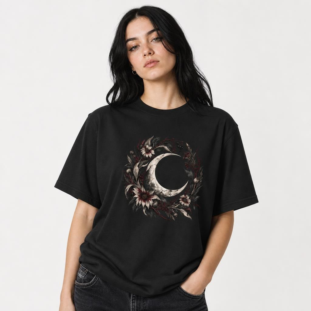 Crescent Moon Gothic Wreath Gothic Moon t shirt in Black worn by a studio model in an upper-body front relaxed pose on a clean white background