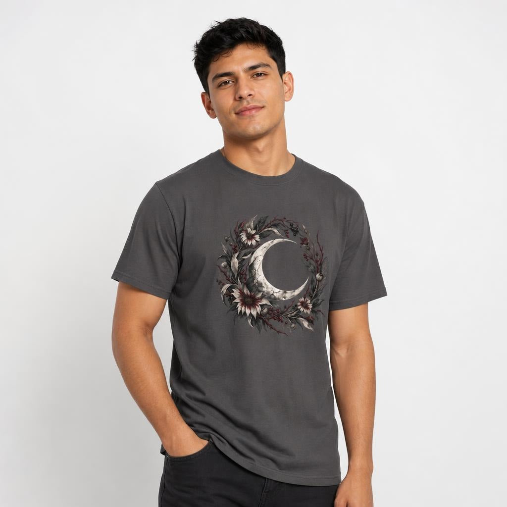 Crescent Moon Gothic Wreath Gothic Moon t shirt in Graphite worn by a studio model in an upper-body three quarter left pose on a clean white background