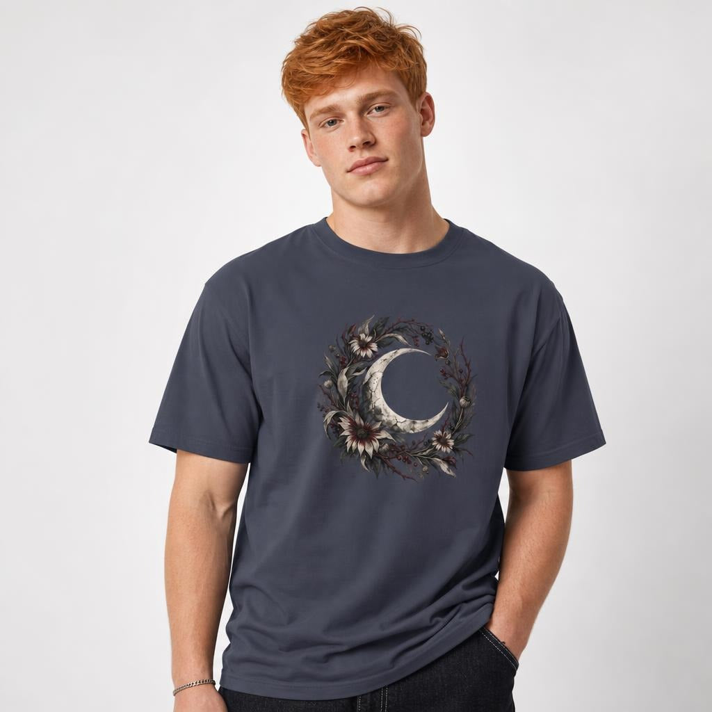 Crescent Moon Gothic Wreath Gothic Moon t shirt in Navy worn by a studio model in an upper-body three quarter right pose on a clean white background