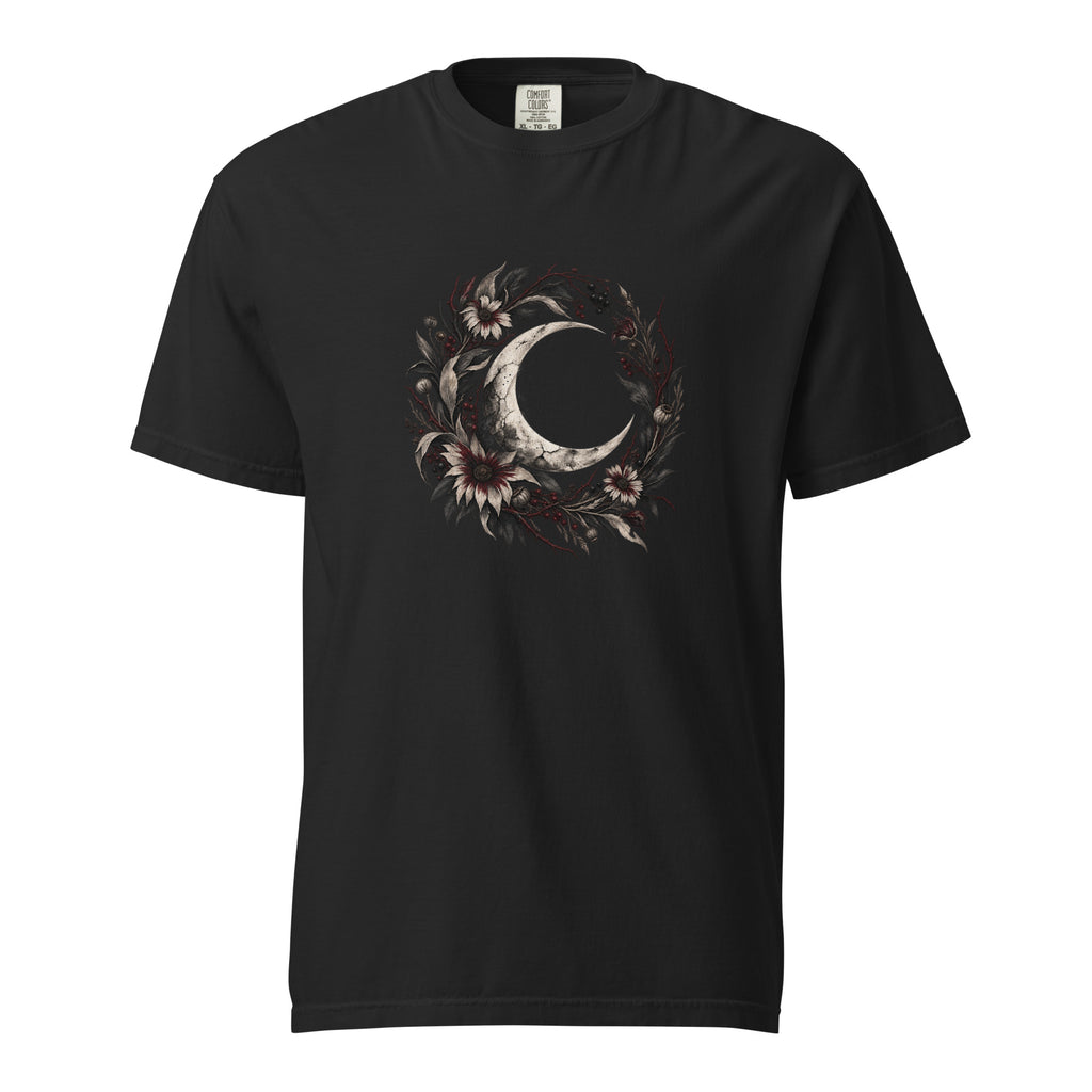 Black T-shirt featuring a crescent moon surrounded by a gothic wreath of flowers and foliage.