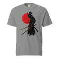 Front view of a grey T-shirt featuring an armoured samurai warrior with katana swords before a red circular brushstroke.