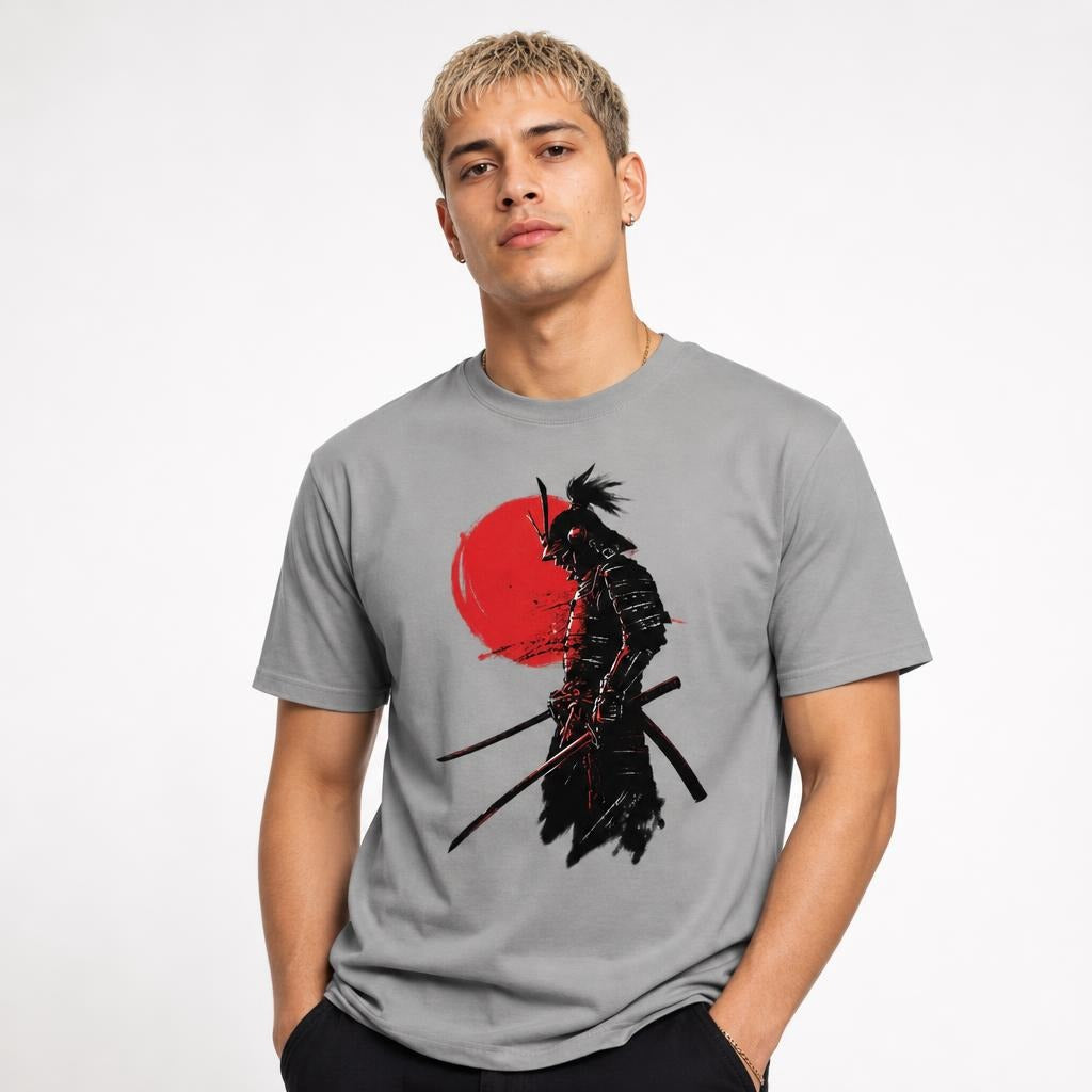 Model wearing a grey T-shirt with a black-and-red illustration of an armoured samurai warrior holding multiple katana swords.