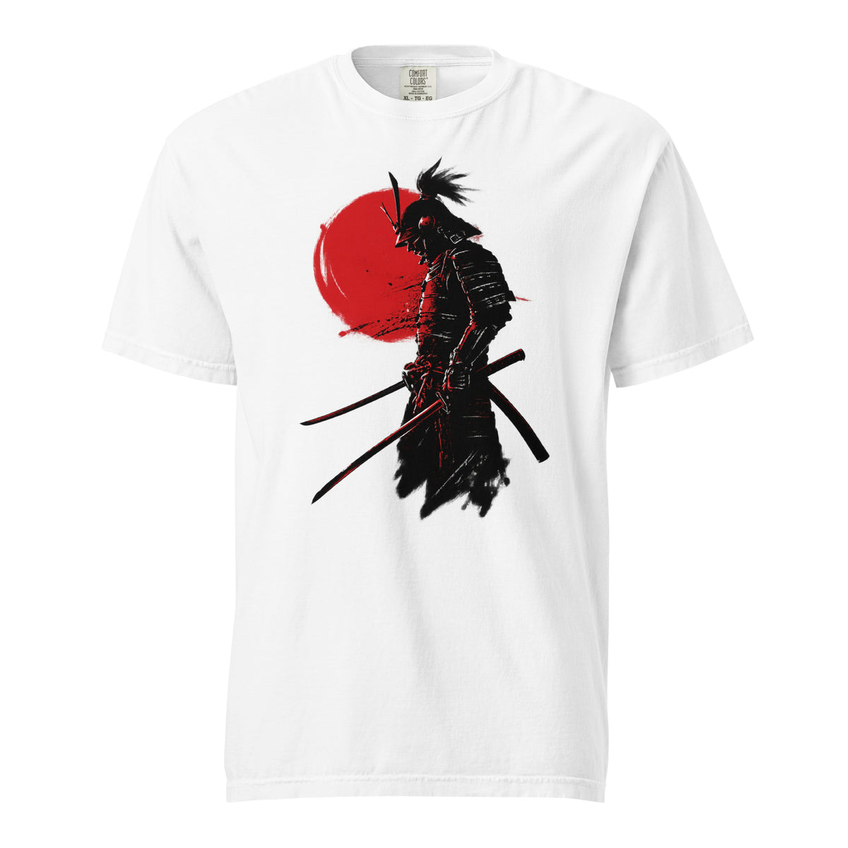 White T-shirt featuring a black-and-red illustration of an armoured samurai warrior with multiple katana swords and a red circle.