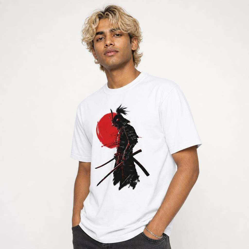 Model wearing a white T-shirt with an armoured samurai warrior, katana swords, and a bold red circular brushstroke design.