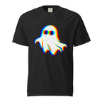 Black t shirt featuring Adult unisex T-shirt shown in white and black, featuring a central friendly white ghost with rounded edges, large dark eyes and vivid offset red, yellow, blue and turquoise outlines. No artwork te